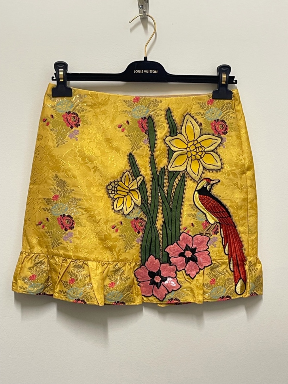 Gucci Yellow Floral Embroidered Mini Skirt with Bird Motif